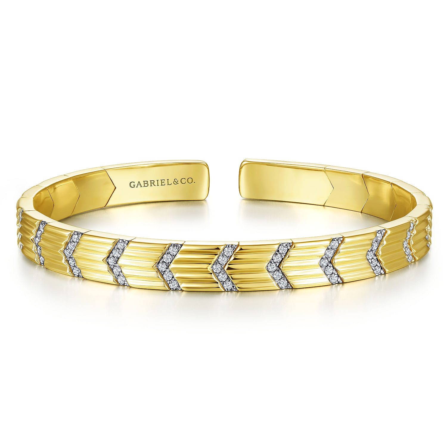 14K Yellow Gold Cuff Bracelet with Pavé Diamond Chevron Stations