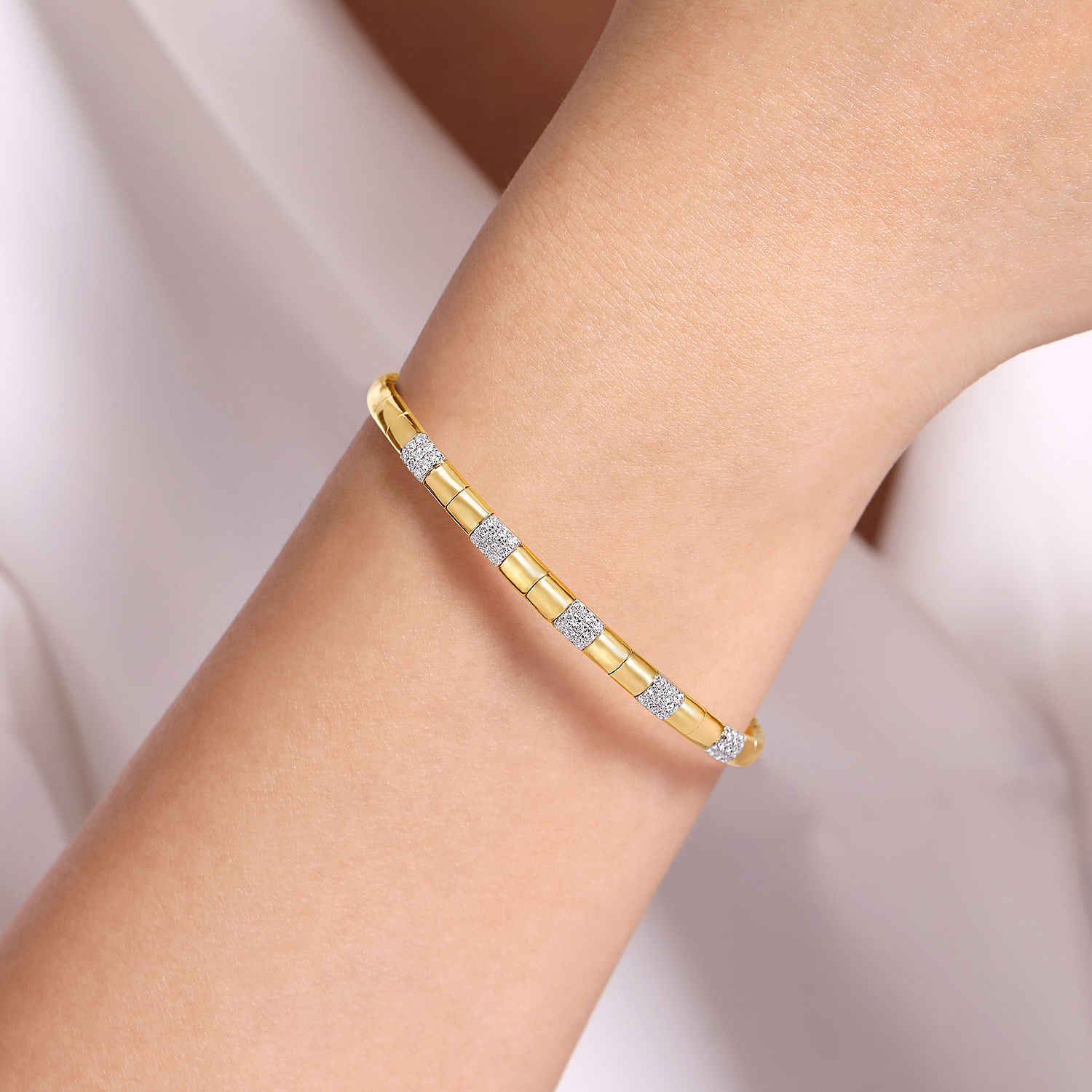 14K Yellow Gold Cuff Bracelet with Pavé Diamond Stations