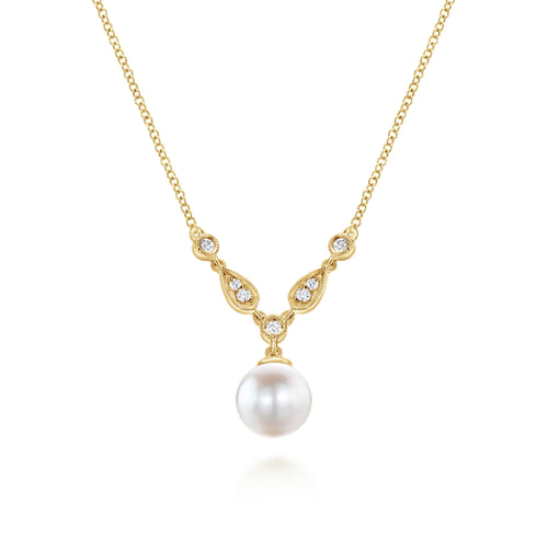 14K Yellow Gold Cultured Pearl and Diamond Accent Necklace 14K Yellow Gold Cultured Pearl and Diamond Accent Necklace