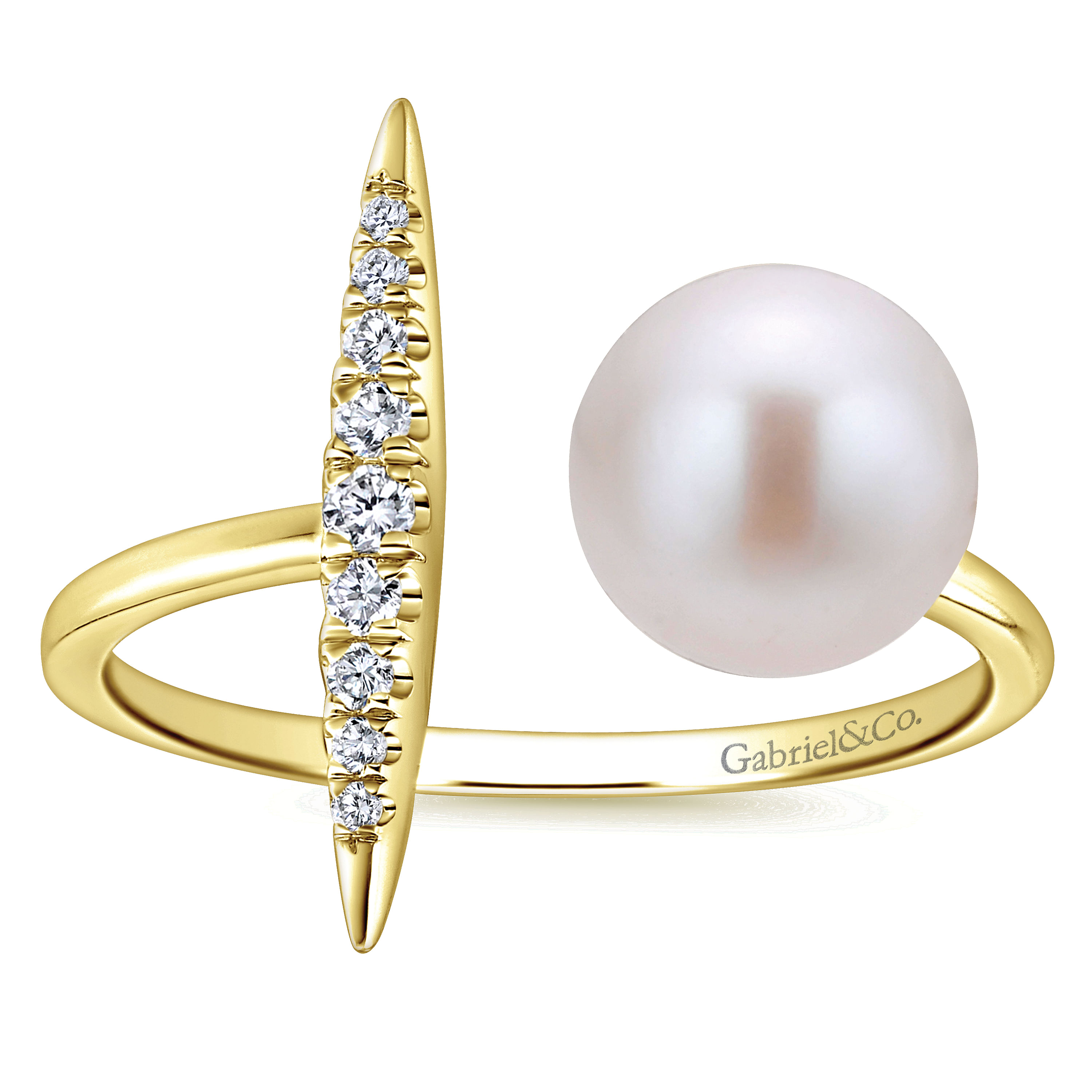 14K Yellow Gold Cultured Pearl and Diamond Bar Open Ring