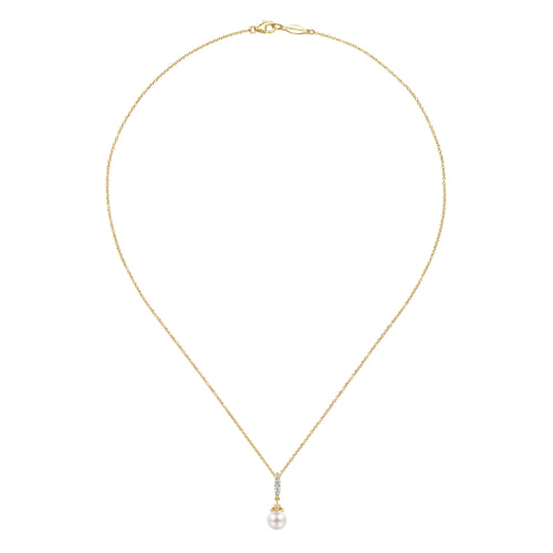 14K Yellow Gold Cultured Pearl and Diamond Drop Pendant Necklace