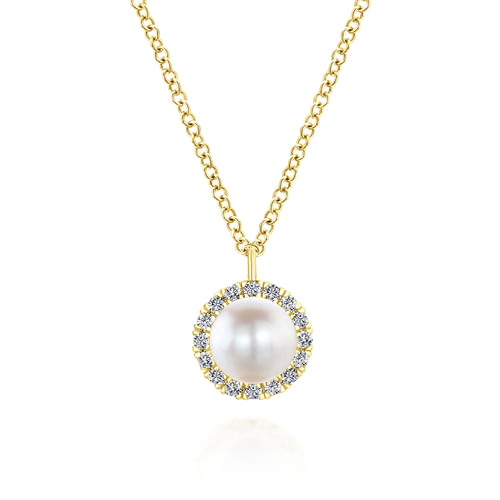 14K Yellow Gold Cultured Pearl and Diamond Halo Pendant Necklace