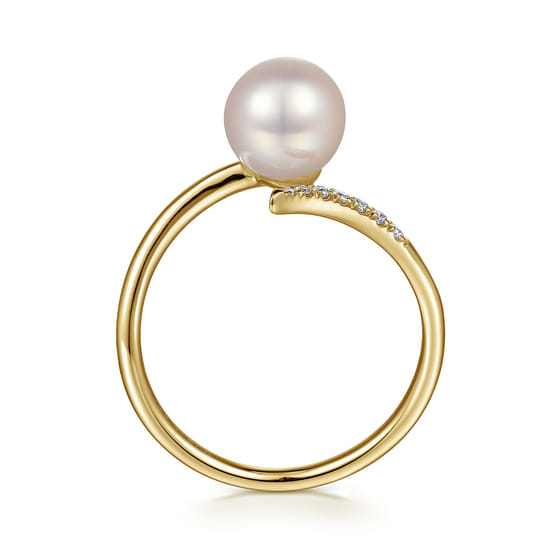 14K Yellow Gold Cultured Pearl and Diamond Open Wrap Ring angle 2