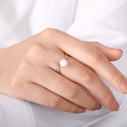 14K Yellow Gold Cultured Pearl and Diamond Open Wrap Ring