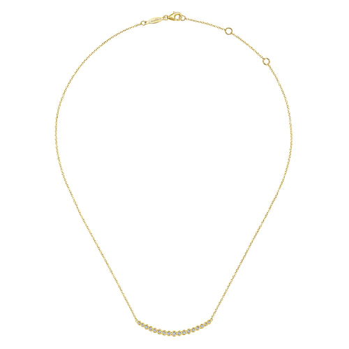 14K Yellow Gold Curved Bar Necklace with Bezel Set Round Diamonds