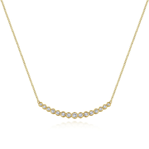 14K Yellow Gold Curved Bar Necklace with Bezel Set Round Diamonds