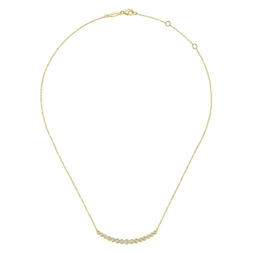 14K Yellow Gold Curved Bar Necklace with Bezel Set Round Diamonds