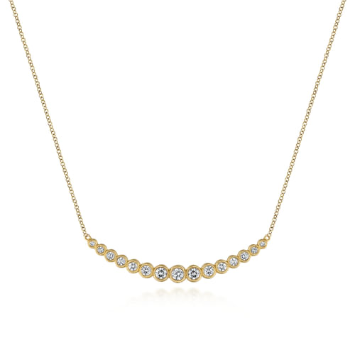 14K Yellow Gold Curved Bar Necklace with Bezel Set Round Diamonds
