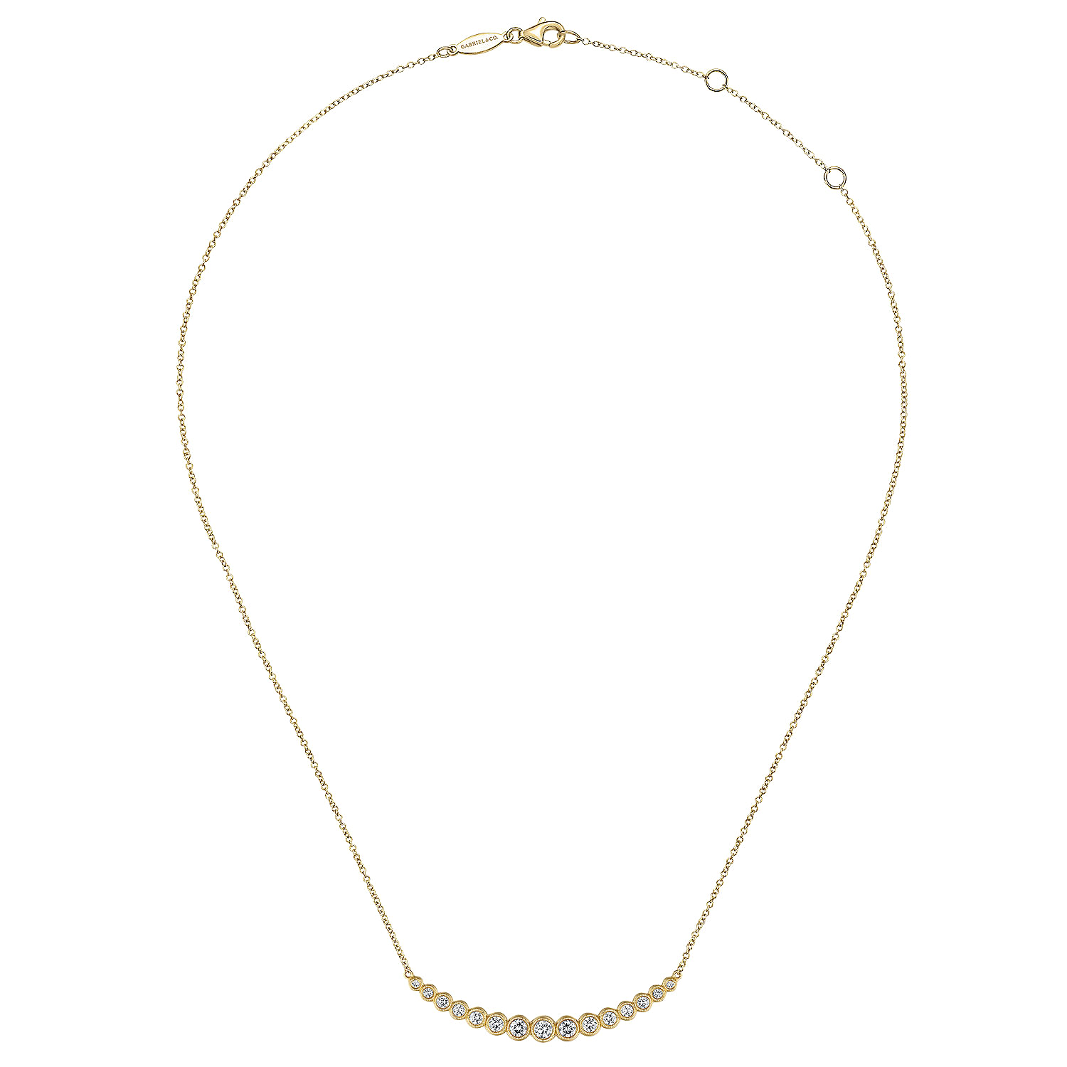 14K Yellow Gold Curved Bar Necklace with Bezel Set Round Diamonds