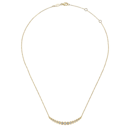 14K Yellow Gold Curved Bar Necklace with Bezel Set Round Diamonds