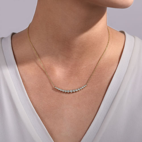 14K Yellow Gold Curved Bar Necklace with Bezel Set Round Diamonds