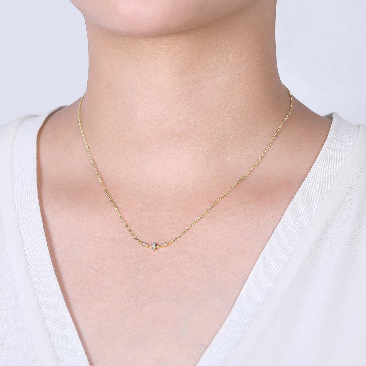 14K Yellow Gold Curved Bar Necklace with Diamond Stations