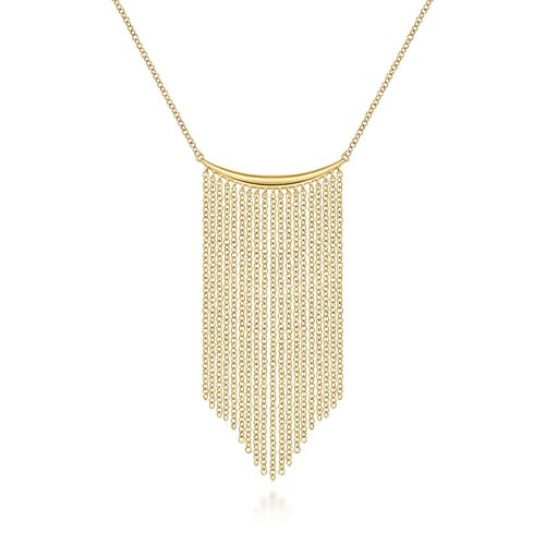 14K Yellow Gold Curved Bar and Waterfall Chain Necklace