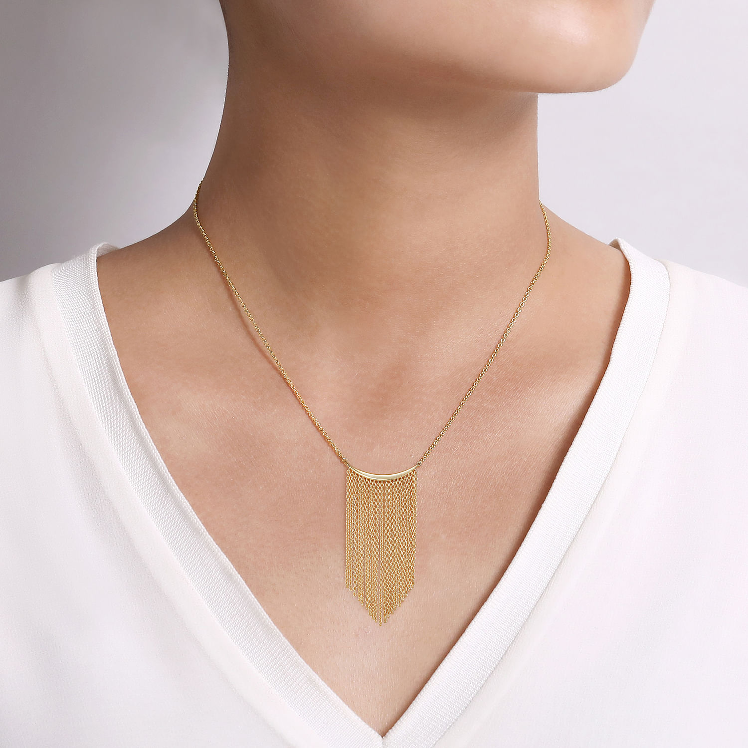14K Yellow Gold Curved Bar and Waterfall Chain Necklace
