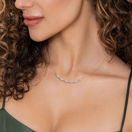 14K Yellow Gold Curved Bujukan Bar Diamond Necklace