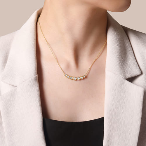 14K Yellow Gold Curved Diamond Bar Necklace