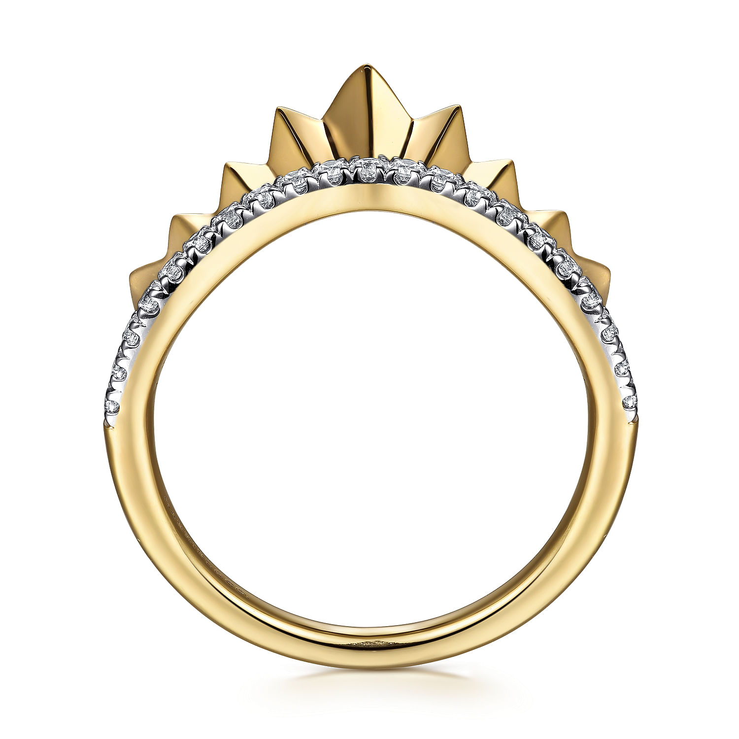 14K Yellow Gold Curved Diamond Ring with Diamond Cut Texture