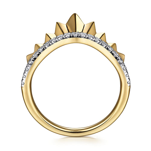 14K Yellow Gold Curved Diamond Ring with Diamond Cut Texture