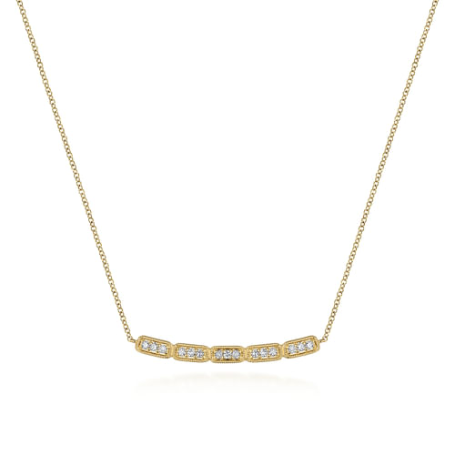 14K Yellow Gold Curved Rectangular Station Bar Necklace with Diamonds