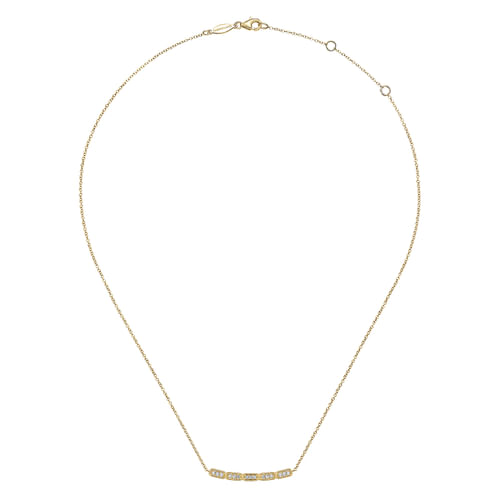 14K Yellow Gold Curved Rectangular Station Bar Necklace with Diamonds