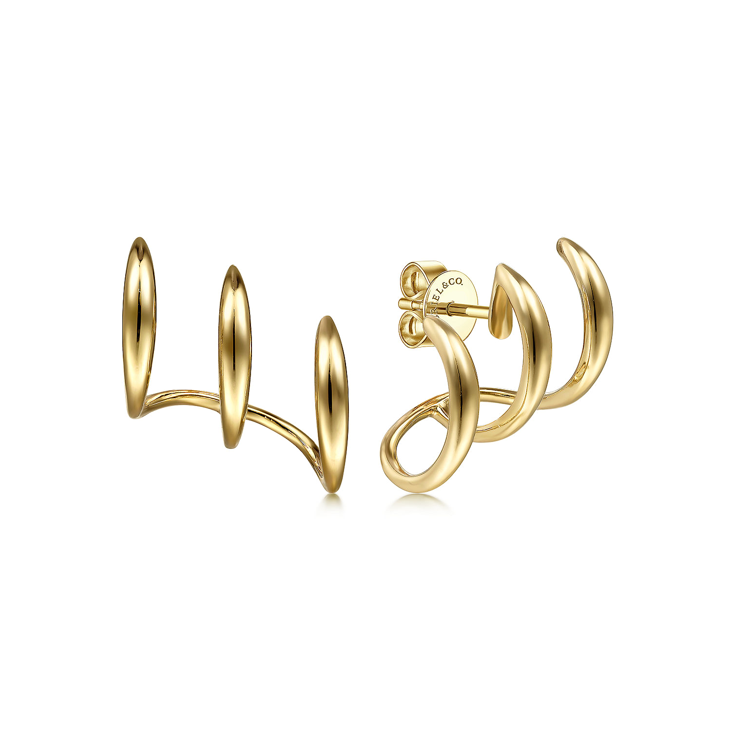 14K Yellow Gold Curving Three Row Stud Earrings