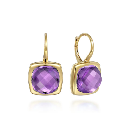 Gabriel - 14K Yellow Gold Cushion Cut Amethyst Earrings With Flower Pattern J-Back