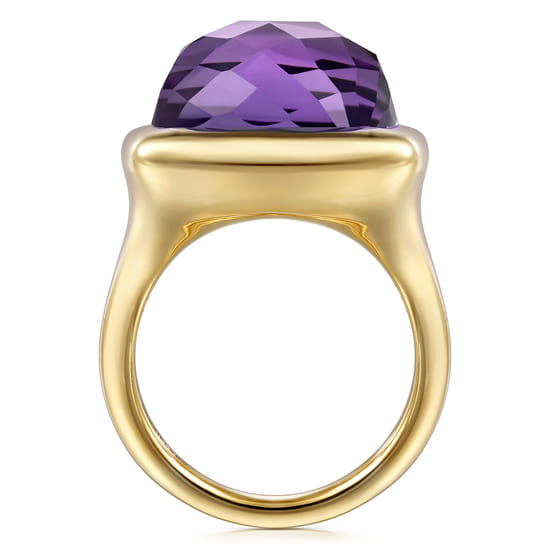 14K Yellow Gold Cushion Cut Amethyst Ladies Ring With Flower Pattern J-Back angle 2 14K Yellow Gold Cushion Cut Amethyst Ladies Ring With Flower Pattern J-Back angle 2