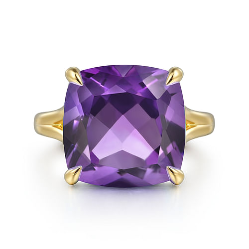 14K Yellow Gold Cushion Cut Amethyst Ladies Ring