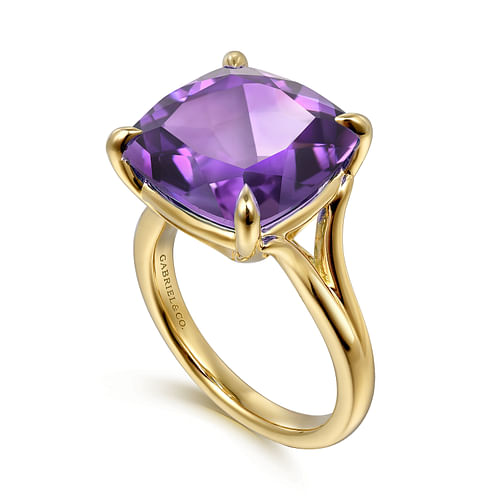 14K Yellow Gold Cushion Cut Amethyst Ladies Ring