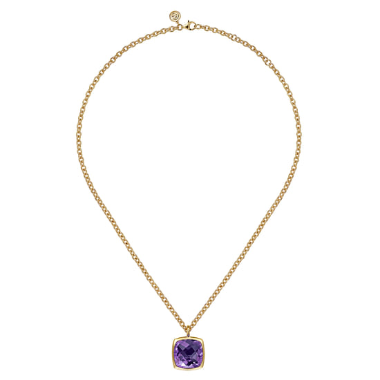 14K Yellow Gold Cushion Cut Amethyst Necklace With Flower Pattern J-Back and Bezel Setting angle 2 14K Yellow Gold Cushion Cut Amethyst Necklace With Flower Pattern J-Back and Bezel Setting angle 2