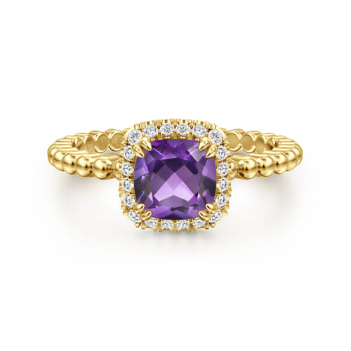 14K Yellow Gold Cushion Cut Amethyst and Diamond Halo Ring 14K Yellow Gold Cushion Cut Amethyst and Diamond Halo Ring
