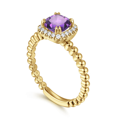 14K Yellow Gold Cushion Cut Amethyst and Diamond Halo Ring 14K Yellow Gold Cushion Cut Amethyst and Diamond Halo Ring