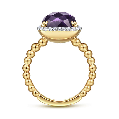 14K Yellow Gold Cushion Cut Amethyst and Diamond Halo Ring