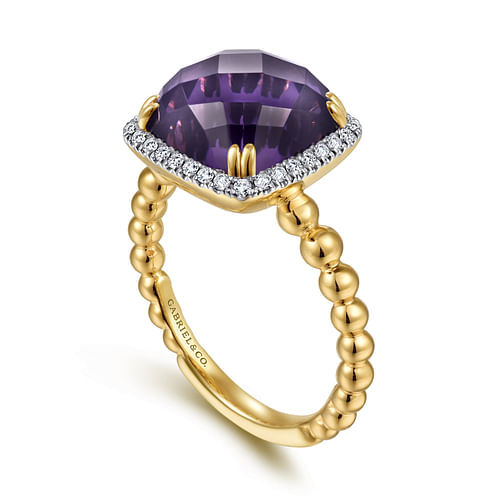 14K Yellow Gold Cushion Cut Amethyst and Diamond Halo Ring