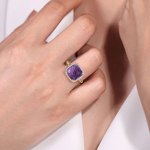 14K Yellow Gold Cushion Cut Amethyst and Diamond Halo Ring