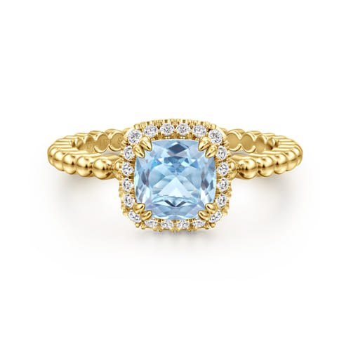 14K Yellow Gold Cushion Cut Aquamarine and Diamond Halo Ring 14K Yellow Gold Cushion Cut Aquamarine and Diamond Halo Ring