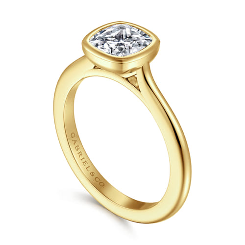 14K Yellow Gold Cushion Cut Bezel Set Solitaire Diamond Engagement Ring