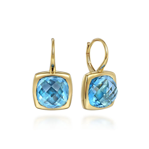 14K Yellow Gold Cushion Cut Blue Topaz Earrings With Flower Pattern J-Back