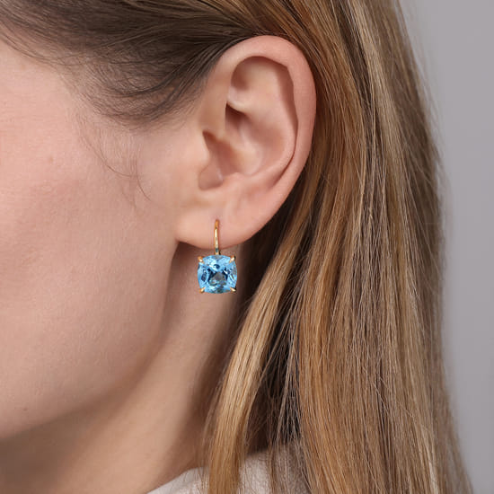 14K Yellow Gold Cushion Cut Blue Topaz Earrings angle 2