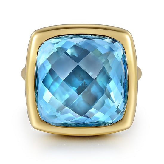 Gabriel - 14K Yellow Gold Cushion Cut Blue Topaz Ladies Ring With Flower Pattern J-Back