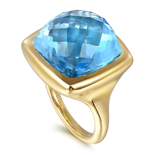 14K Yellow Gold Cushion Cut Blue Topaz Ladies Ring With Flower Pattern J-Back