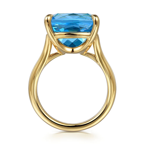 14K Yellow Gold Cushion Cut Blue Topaz Ladies Ring