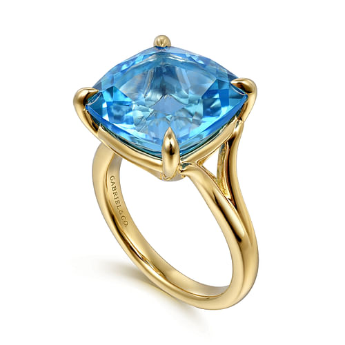 14K Yellow Gold Cushion Cut Blue Topaz Ladies Ring