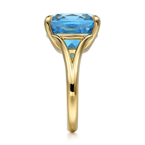 14K Yellow Gold Cushion Cut Blue Topaz Ladies Ring