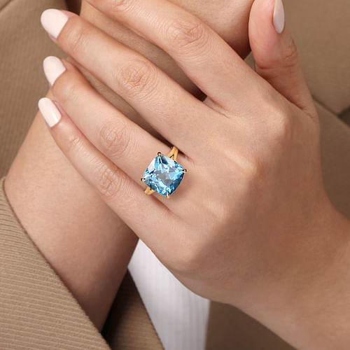 14K Yellow Gold Cushion Cut Blue Topaz Ladies Ring