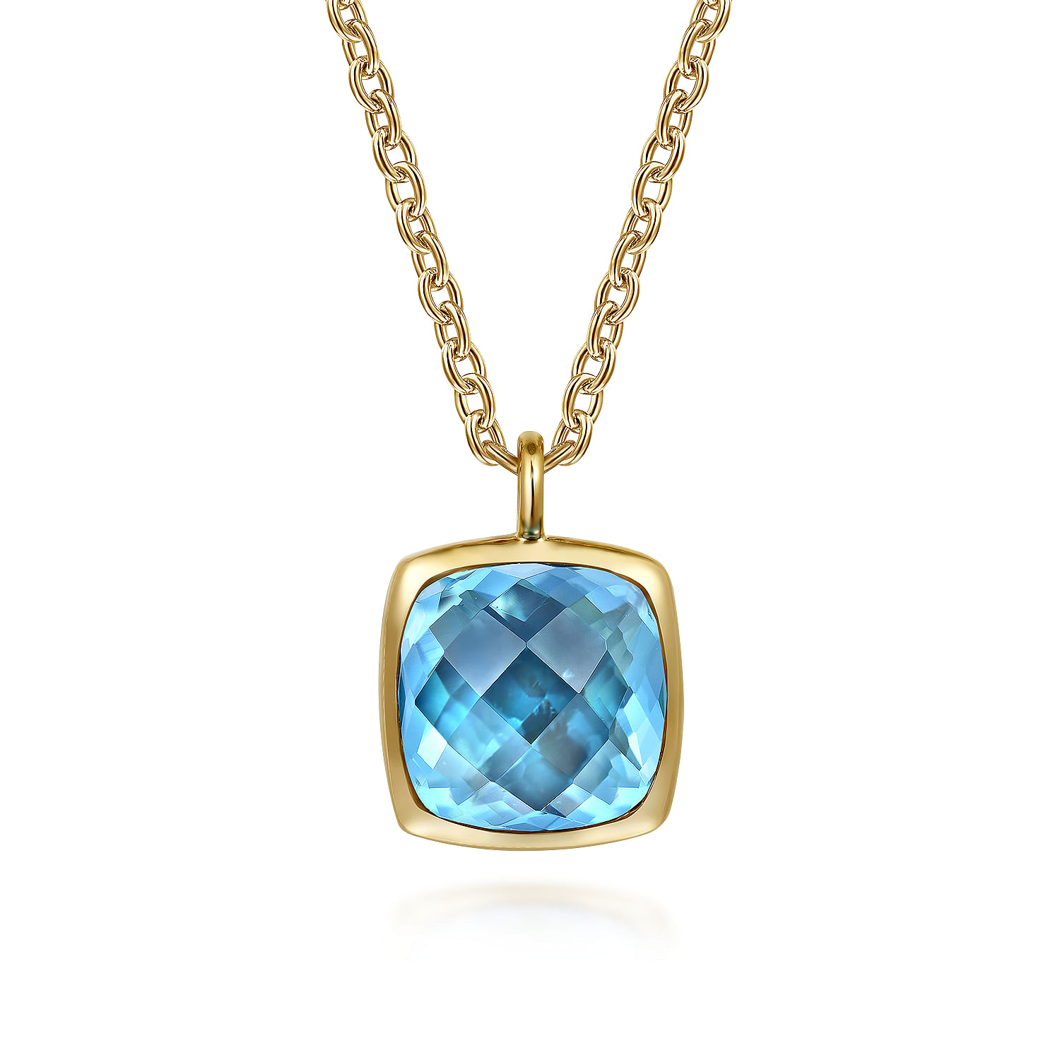 14K Yellow Gold Cushion Cut Blue Topaz Necklace With Flower Pattern J-Back and Bezel Setting