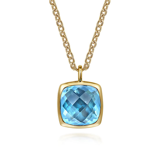 Gabriel - 14K Yellow Gold Cushion Cut Blue Topaz Necklace With Flower Pattern J-Back and Bezel Setting