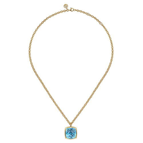 14K Yellow Gold Cushion Cut Blue Topaz Necklace With Flower Pattern J-Back and Bezel Setting