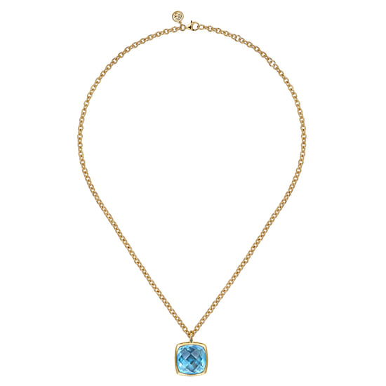14K Yellow Gold Cushion Cut Blue Topaz Necklace With Flower Pattern J-Back and Bezel Setting angle 2