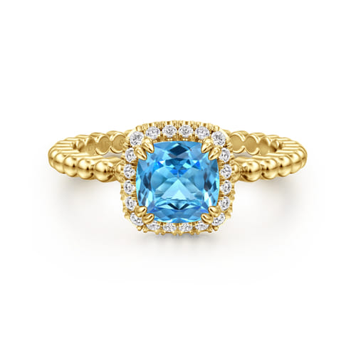 14K Yellow Gold Cushion Cut Blue Topaz and Diamond Halo Ring 14K Yellow Gold Cushion Cut Blue Topaz and Diamond Halo Ring
